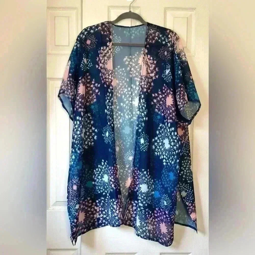 Print Kimono with Side Slits, Beach Swimwear Cover Up (Navy)L/XL duster